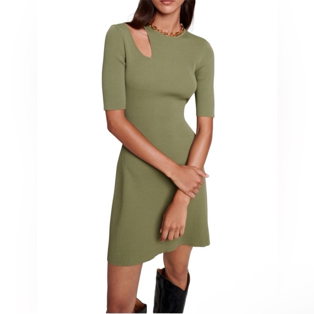 Maje Olive Green Ribbed Mini Dress with Cutout